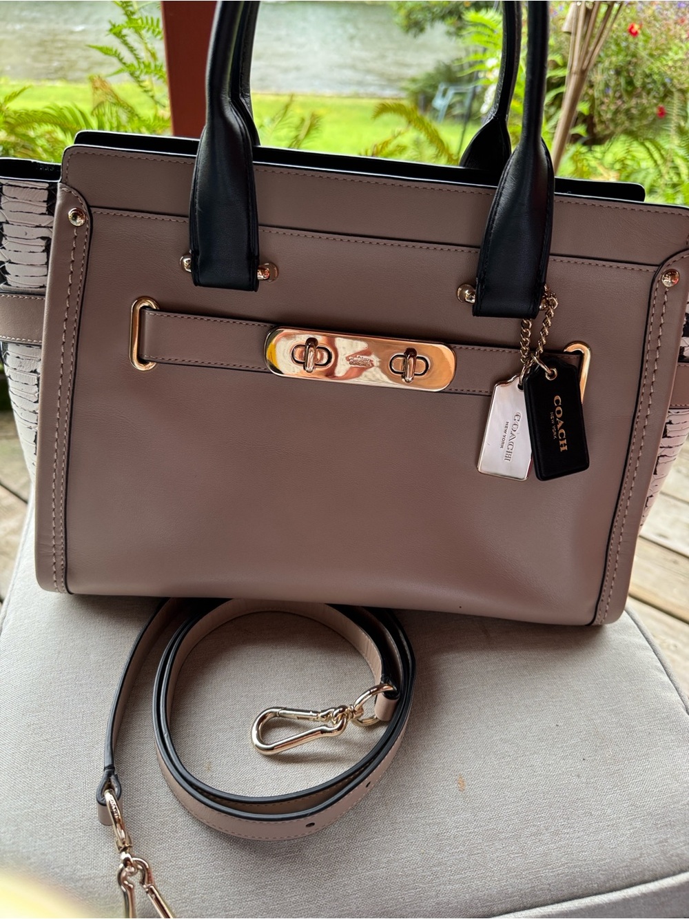 SOLD 
Coach Swagger Python Pattern Taupe and Black Leather Satchel w Gold Hardwa